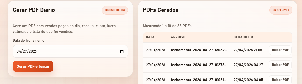 Tela PDFs gerados do NexaPay